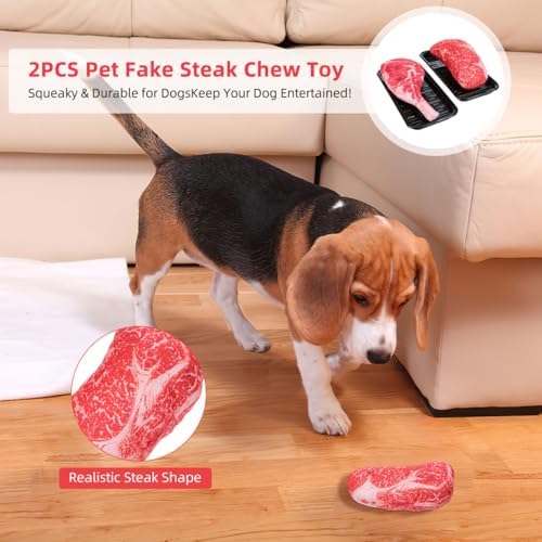 2Pcs Dog Chew Toys, Artificial Steak Plush Squeaky Dog Toys for Interactive