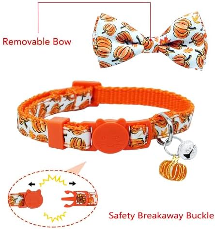 Fall Thanksgiving Harvest Cat Collar with Removable Bow Tie and Bell, Holiday Safety Breakaway Collar with Turkey and Pumpkin Spice Pattern for Boys and Girls Kitties Kittens