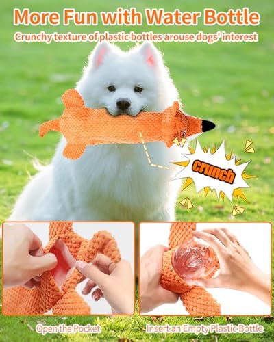 Dog Toys, Squeaky Plush No Stuffing Crinkle Dog Toy for Small Medium Large Dogs, Interactive Puppy Teething Water Bottle Dog Chew Toy (Fox)