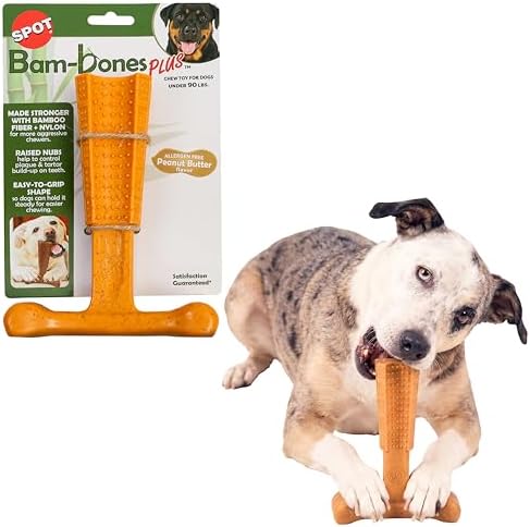 SPOT Bam-Bones Plus T Bone - Bamboo Fiber & Nylon, Durable Long Lasting Dog Chew for Aggressive Chewers – Toy for Dogs & Puppies Under 90lbs, Non-Splintering, 7in, Allergen Free Peanut Butter Flavor