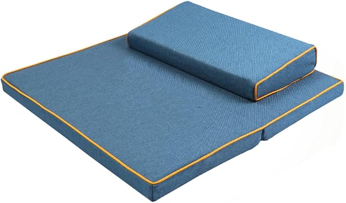 Portable Foldable Meditation Cushion Mat Set with Washable Cotton Linen Cover, Larger Thick Yoga Mat Bolster Floor Pillows Seating for Adults Meditation Accessories blue-60cm