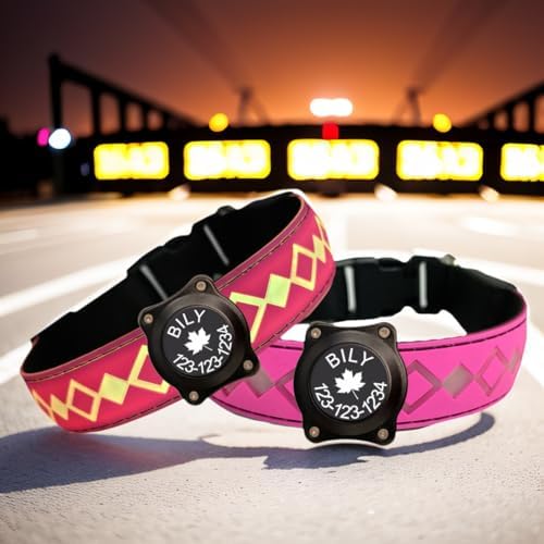 Personalized Flashing Night Dog Collar with Waterproof airtag Holder for Black Dog Night Walking (Pink, XL(19.7-23.6"))