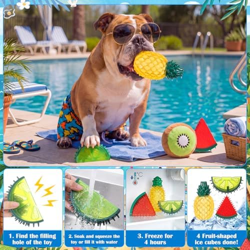 Outus 32 Pcs Summer Dog Squeaky Toys Set Puppy Chew Toys Pack Includes Squeaky Plush, Cotton Rope, Tennis Balls, Cooling Fruit Chew with Storage Bag for Summer Medium Dog Pets Teething Playing