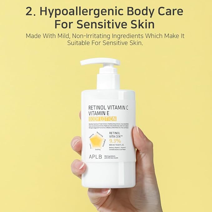 APLB Retinol Vitamin C Vitamin E Body Lotion | RETINOL VITA CEN™ 9.3% 10.14 FL.OZ/Korean Skincare, Long lasting hydration, Wrinkle Care, Revitalize for gentle and improve skin texture
