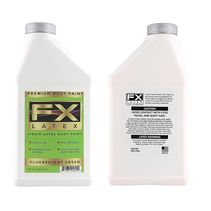 Liquid Latex - Face and Body Paint, Ammonia Free, Easy On and Off, Cosplay Makeup, Create Professional Monster, Zombie Arts 16 Oz (Fluorescent Green)
