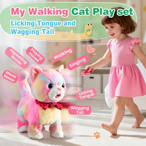 Colorful Leash Walking Cat for Girls Set Toy Interactive Talking Singing Cat Kids Remote Control Walking Kitten Dancing Kitten Mimicking Robotic Kitty That Meow and Purrs Robot for Toddlers Baby