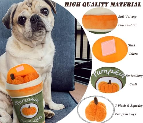 Hide and Seek Plush Dog Toy, 2 in 1 Crinkle Interactive Squeaky Bundle Pack, Pumpkin Toy for Small Medium Dogs, Orange