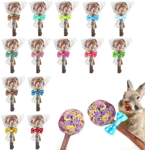 kathson 16PCS Rabbit Timothy Hay Treats Sticks,Interactive Bunny Lollipop Chew Sticks,Natural Guinea Pigs Chewing Treats Molar Teeth Toys for Small Animals,Chinchilla,Hamster,Gerbil