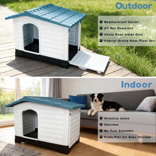 2-Door Small Dog House with Fold-Out Porch and Elevated Base, Blue