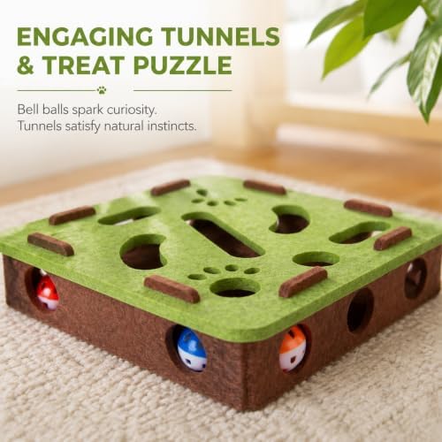 Interactive Cat Puzzle Toy, Mental Stimulation Box with 3 Balls, Indoor Cat Brain Training Game, Green for Kitten Enrichment