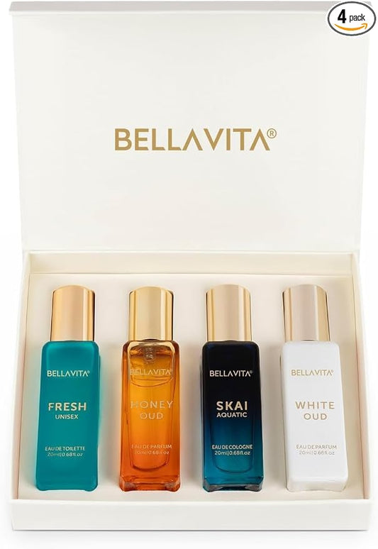 Bellavita Luxury Unisex Perfume Gift Set with Honey Oud, White Oud, Skai, and Fresh | 80ml | Perfume for Men and Women | Honey, Artemisia Lemon, Bergamot, and Sweet Almond Notes | Women's Day Special