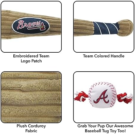 MLB Atlanta Braves Baseball Bat Toy for DOGS & CATS. Soft Corduroy Plush Dog Toy with Inner SQUEAKER, MLB Chew Toys for Dogs or Cats. Durable Fun Interactive Dog Toy with Team Names and Logo