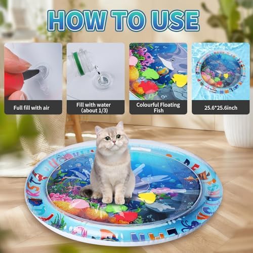 Cat Water Mat,Upgrade 0.5mm Thickened Water Mat for Cats,Anti-Scratch Sensory Mat,Unbreakable Interactive Cat Comfort Play mat with Wand in Random Color