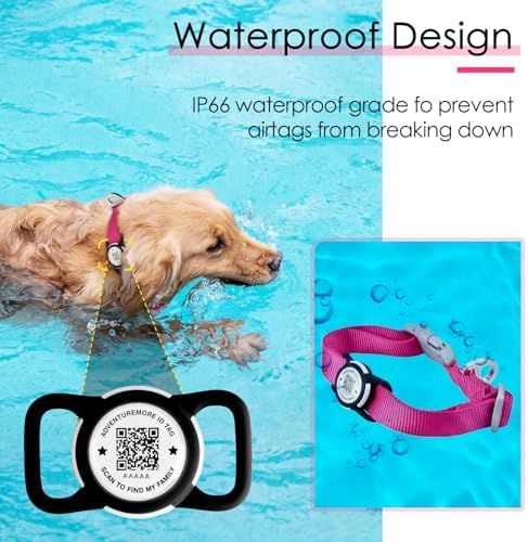 ADVENTUREMORE Airtag Dog Collar with Smart ID QR Code Airtags Holder: Prevents Dogs from Getting Lost at Night, Displays Owner and Pet Details. Waterproof, Durable, Adjustable, Thick-Rose-Large