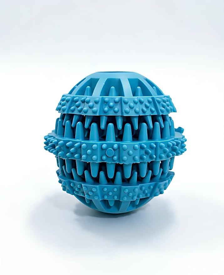 Rubber Dog Chew Toy Ball, Blue and Yellow, Bite-Resistant, Interactive Teeth Cleaning, Hidden Food Treat Dispenser for Dogs (Blue)