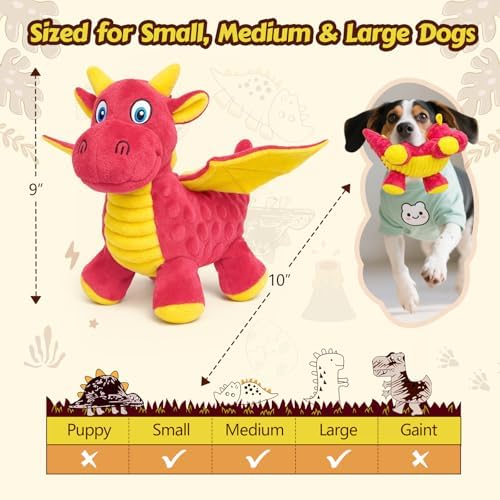 Squeaky Dog Toys - 2 Pack Plush Dragon Dog Toys with 5 Squeakers, Crinkle Wings & Ears, Soft Cute Dog Toys for Boredom, Small Medium Dogs and Gentle Large Dogs (Pink & Purple,10")