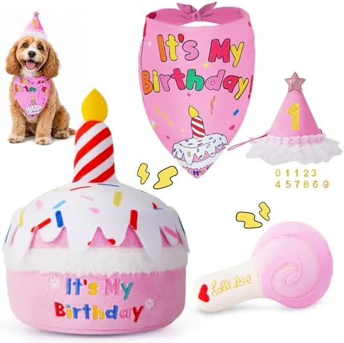 KIPRITII Dog Birthday Supplies with Cake Toys, Bandana & Hat for Small Dog
