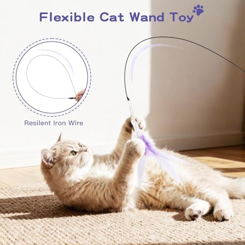 Pawaboo Cat Feather Wand Interactive Toy, 2 Feathers + 1 Wand with Bell