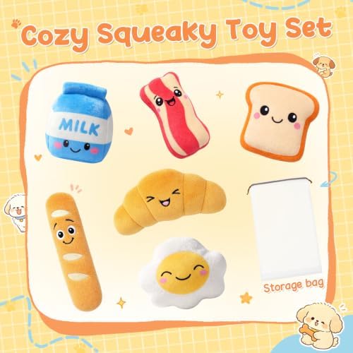 KIPRITII Breakfast Squeaky Dog Toys for Small Dogs with Storage Bag