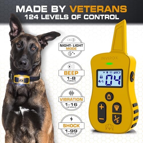 INVIROX Ultra K9 Dog Shock Collar, 124 Levels, Night Light, IP67 Waterproof (Yellow, 1 Dog)