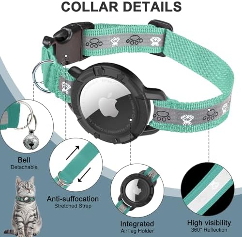 Reflective AirTag Cat Collar, Integrated Cat Collar with Air Tag Holder | Built in AirTag Holder, Adjustable 7-13in for Cats, Kittens and Puppies, Safety Elastic Band, Reflective for Night Walking