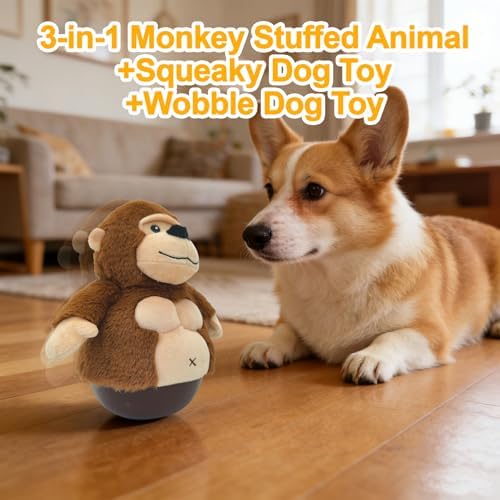 Brown Monkey Plush Wobble Dog Toy with Weighted Base Cute Soft Funny Monkey Stuffed Animal Squeaky Dog Toy Interactive Roly-Poly Dog Toy for Small Medium Large Dogs Toy Gift 23cm/9.06in