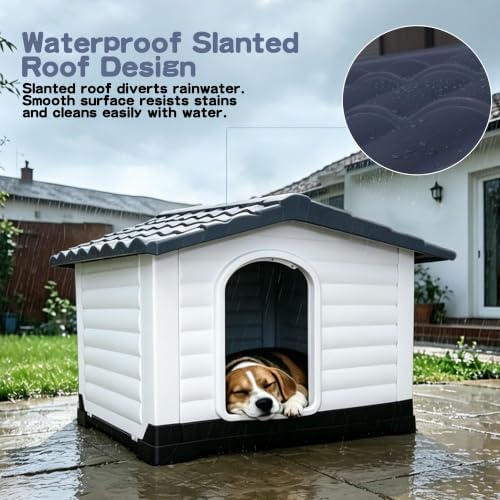 2-Door Small Dog House with Fold-Out Porch and Elevated Base, Gray