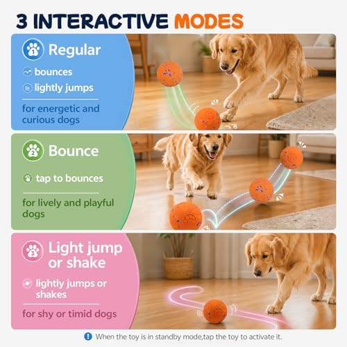 Interactive Moving Dog Toy Ball, 3 Automatic Bouncy Modes, Durable E-TPU Material for Chewing, Rechargeable and IPX7 Waterproof, Enrichment Smart Fetch Toy for Medium Large Dogs (Orange)