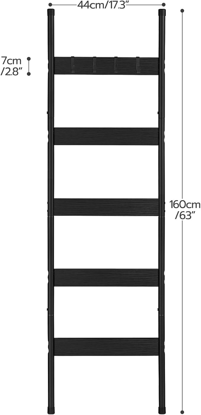 HOOBRO Blanket Ladder, 5-Tier Towel Rack with Hooks, Wall-Leaning Blanket Rack, Decorative Display Ladder Shelf, Scarves, Industrial, Living Room, Bedroom, Black BB52CJ01