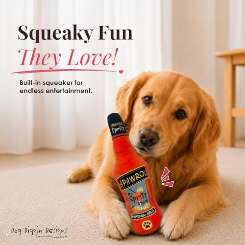 Dog Diggin Designs Apawrol Spritzer Plush Dog Toy | Luxury-Inspired Parody Drink Bottle Dog Toy with Squeaker, Soft Plush Novelty Dog Toy – Shaken, Not Stirred!