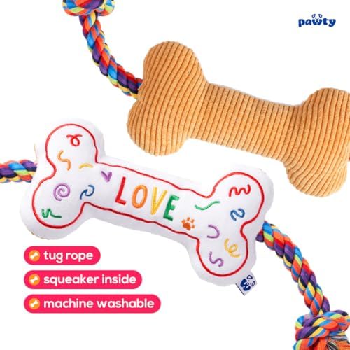 Love Bone Interactive Dog Toy - Interactive Tug Rope Pet Toy - Funny Cute Unique Rainbow Design Party Pride Love Gift - Small Medium Puppy - Durable Chew Resistant Plush with Squeaker for Teething