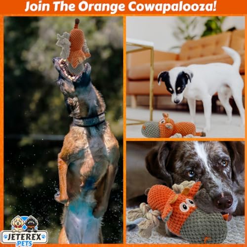 Large Dog Toy - Orange Cow Squeaky Dog Toys for Large Dogs, Med and Small Dogs. Durable with Pineapple Plush Fabric, Rope Legs, Hidden Seams, Reinforced Stress Points, Embroidered Eyes