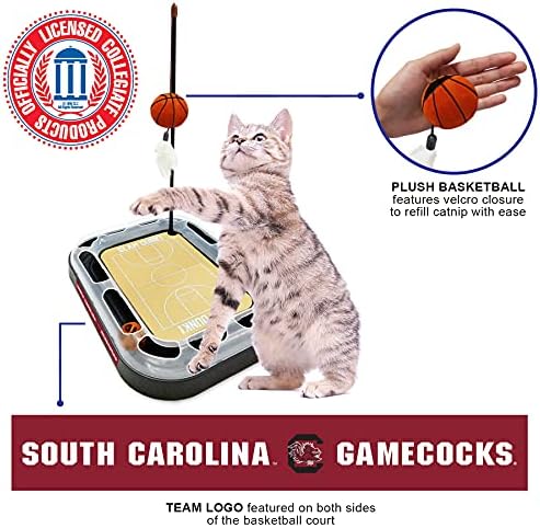 NCAA SOUTH CAROLINA Gamecocks 6-in-1 Reversible Basketball Court Felt & Cardboard Cat Scratcher Toy with Catnip-Filled Plush Basketball