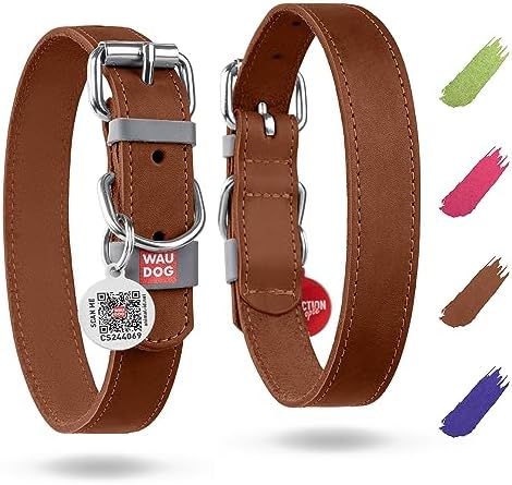 WAUDOG Genuine Leather Dog Collar Adjustable Large Medium Small QR Code Tag