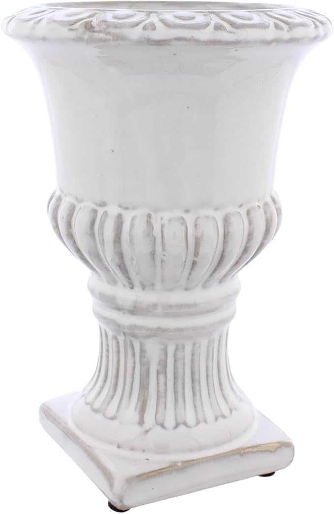 The Bridge Collection White Porcelain Greek Pedestal Urn Planter Vase | Antique Style Plant Pot Garden Accessory for Contemporary Cottage Vintage Decor Indoor Outdoor Home Decoration