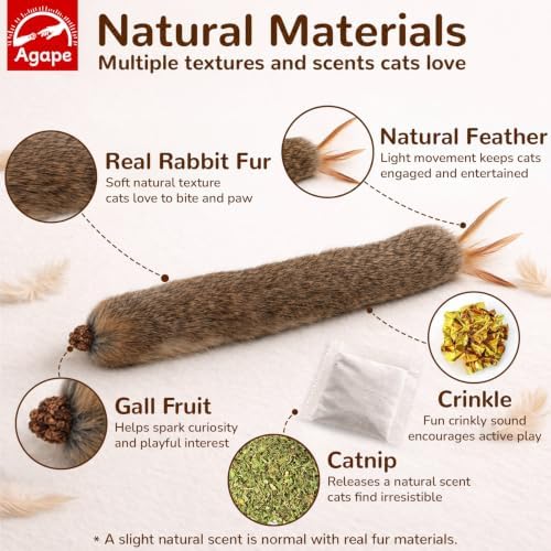 Agape Long Rabbit Fur Cat Toys, 3-Pack with Catnip & Silvervine Gall Fruit
