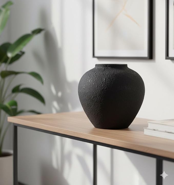 SilkSerenade Large Black Round Vase for Flowers & Table Centerpieces - 11 Inch Rustic Textured Earthy Stone Look, Matte Big Vessel Decorative Arina Modern Farmhouse Wabi Sabi Decor Living Dining Room