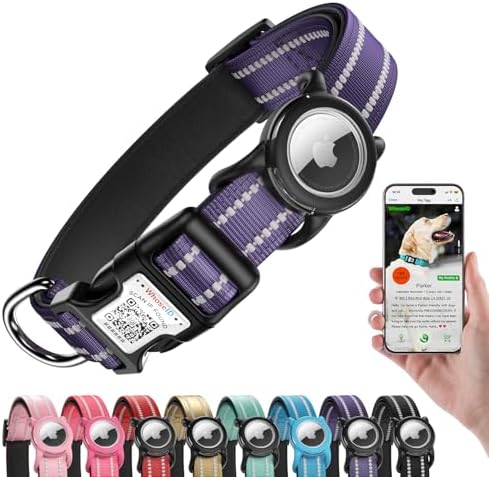 Airtag Dog Collar for Medium Dogs, with Waterproof Airtag Holder, Purple | Reflective, Breathable Nylon Padded, Built-in QR Code Name Tag, Adjustable, Comfort for Walking, Training