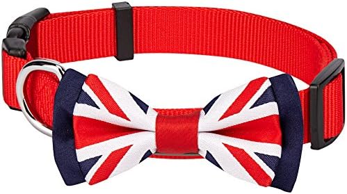 Blueberry Pet 2 Patterns Patriotic Spirits UK Flag Adjustable Bowtie Red Dog Collar - Handmade Bow Tie w/Jacquard Weave Fabric, Small, Neck 12"-16"