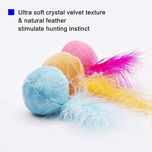 Furry Rattle Ball Cat Toy with Feather and Catnip - Interactive Pom Pom Balls for Cats, Soft and Lightweight, 2 Inch, 3 Pack.