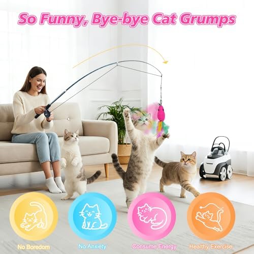 Pawaboo Cat Teaser Wand Toys, Cat Fishing Pole Toy with 3 PCS Feathers