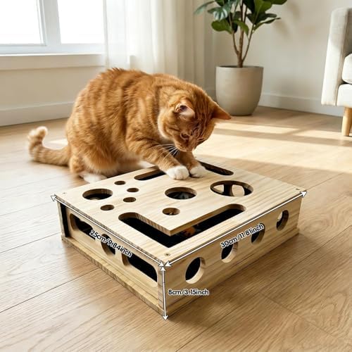 Cat Scratch Puzzle Enrichment Box, Interactive Cat Toy for 3 Balls, Integrated Cat Nail File Scratcher - Stress Free Alternative to Clippers & Grinders for Indoor Cats