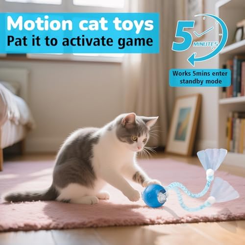 Interactive Cat Toys for Indoor Cats, Fast Rolling, Chirping, Motion Activated Automatic Cat Toy for Enrichment, Smart Cat Ball Toy 1 Count with 2 Tails and 3 Speed Adjustment, Blue