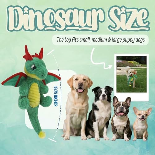 Original Dinosaur Dog Toy - Soft Plush Dog Toys for Small Medium Large Dogs（13.78''） - Cute Dog Squeak Toys with 5 Crinckle Papers & 2 Squeakers (Green)