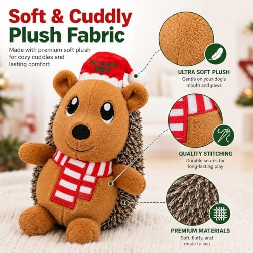 Christmas Hedgehog Squeaky Dog Toy for Small & Medium Dogs, Soft Plush Stuffed Puppy Toy with Built-In Squeaker, Interactive Indoor Play Toy for Gentle Chewers, Machine Washable Holiday Dog Gift