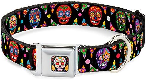 Dog Collar Seatbelt Buckle Colorful Calaveras Black Multi Color 11 to 17 Inches 1.0 Inch Wide