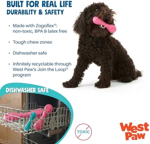 WEST PAW Zogoflex Hurley Dog Bone Chew Toy – Floatable Pet Toys for Aggressive Chewers, Catch, Fetch – Bright-Colored Bones for Dogs – Recyclable, Dishwasher-Safe, Non-Toxic, Large, Geranium