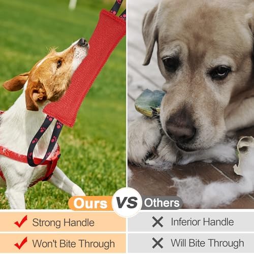 ToLanbbt Dog Tug Toy Bite Jute Pillow Pull Toy with 2 Strong Handles Perfect for Tug of War, Puppy Interactive Play, Tear Resistant Bite Training for Small Medium Large Dogs (Bright Red-Footprint)