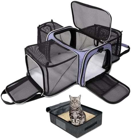 BAGLHER Expandable Cat Carrier with Travel Litter Box, Pet Travel 5 Sides Open Doors 3 Sides, Leak-Proof and Collapsible, for Car, Airplane Trip, Purple