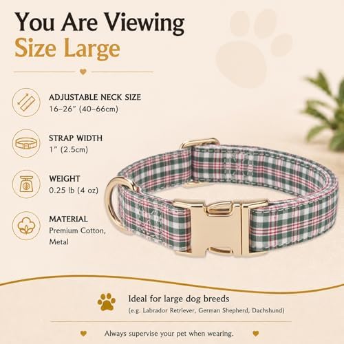 Soft Cotton Dog Collar Classic Plaid Pet Collars with Metal Clasp for Large Dogs with Sensitive Skin, Heritage Red Green